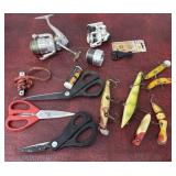 Fishing reels, lures and scissors etcï¿½