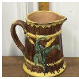 Majolica pitcher- 1870s, brown basketweave,