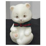 Fenton Teddy Bear- White Satin Glass - signed