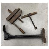 Cast iron shoe Last, wood vice, hay bale hook
