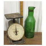 Landers Frary & Clark scale, green milk bottle