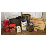 Advertising tins, wooden crate, large metal tins