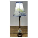 Pretty lamp. Works. Approx. 24ï¿½ high w/ shade