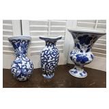3 Blue And White Wall Pocket Vases - Porcelain