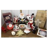 Christmas decor- bowls, tins, Santa figures,