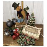 Ceramic lighted tree, bells, wooden bear, table