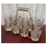 MCM glass caddy and 6 Libbey 'Golden Foliage'