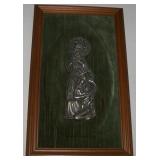 Mid Century Teak Framed Pewter Holy Family on