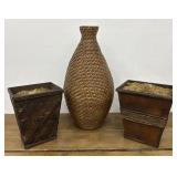 2 Wood Display Vases And 1 Wicker Vase.