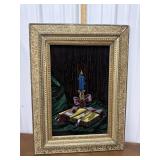 Painting on velvet- candle, book, framed *frame