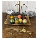 Metal baskets, wood bowl, filler balls etc