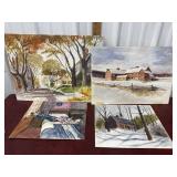 4 Watercolors - Street, Flag, Barns