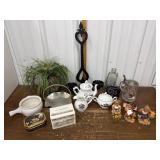 Tea set, faux plant, candle holder, bear figures,