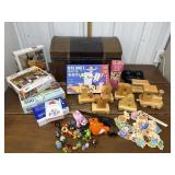 Treasure chest w/ games, puzzles, tiny figures,