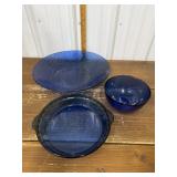 Blue glass bowls, pyrex pie plate