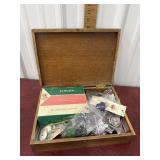 Wooden box, singer attachments, buttons etc