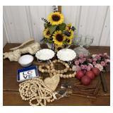 Faux flowers, candle holders, bowl fillers, angel
