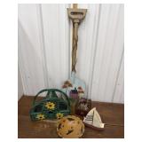 Birdhouse, painted shovel, primitive look bowl