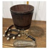 Wooden bucket, fish mold, masher, bells, fry