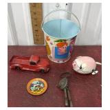 Tin toys, beach bucket, truck mini mixer etc