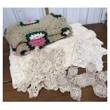 Afghan, large Quaker lace table cloth, doilies