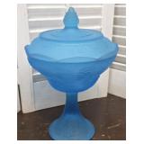 Vintage Satin Blue Pedestal Candy Dish