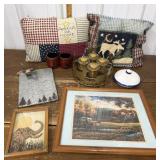 Pillows, print, candles, candle holders etc