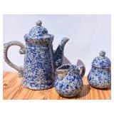 Vintage Spongeware Teapot, Cream & Sugar