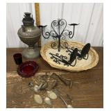 Juno Oil lamp, basket, candle holders, ashtray,