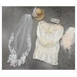 Blouse, hat, beaded purse, shawl, bridal hair