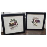 Pr framed barn needlepoints - nice