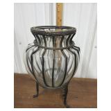 Glass vase w/ metal footed cage stand