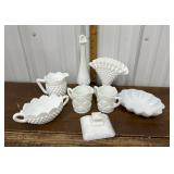 Milk glass vases, bowl, creamer, sugar, bowls,