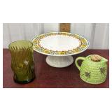 Cake plate, green glass and bee hive honey