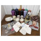 Starbucks cups, mugs, cookie press, cake