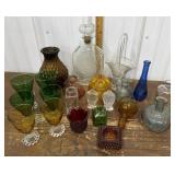 Glass basket, perfume bottles, glasses, vases etc