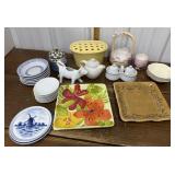 Flower frog, bowls, plates, cow creamer,