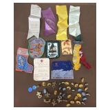 Boy Scout patches, pins, wrestling ribbons