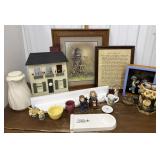 Bird print, shelf, figurines, carafe, onion