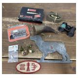 Lee reloading tool, belt, binoculars, power horn,