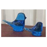 2 Art Glass blue Birds - Signed