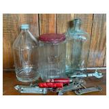Hoosier Coffee Jar, Laboratory & Whiskey Bottle