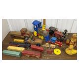 Trains, wooden truck, cars etc, nesting dolls etc