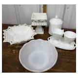 Milk glass bowls, canister, creamer, sugar etc