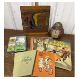 Playing cards, books, wood fish picture, Roly