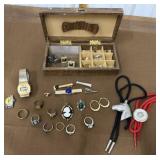 Costume jewelry w/ jewelry box- rings, bolo ties,