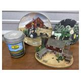 John Deere candle, plate, painted saw blade,