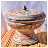 Folk Art Pottery Lidded Bowl (repaired)