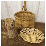 Wicker baskets, owl wind chime