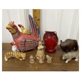 Art glass owl, painted wood chickens, buffalo,